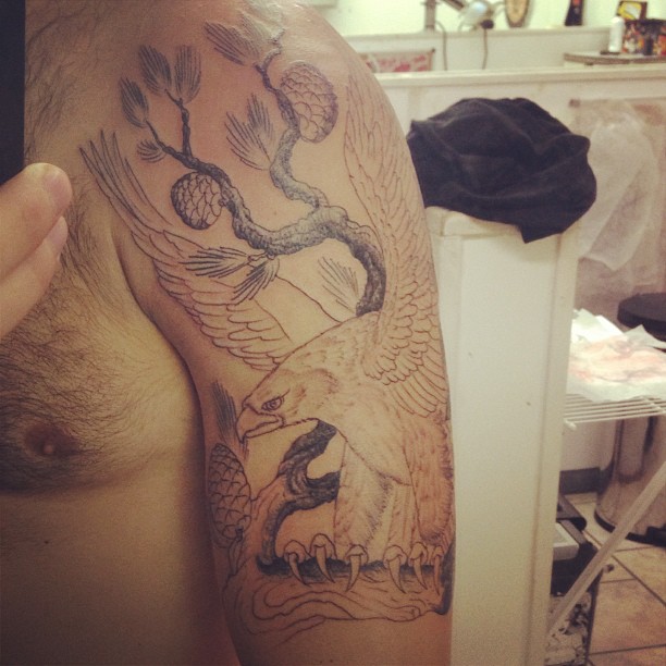 New Left Half Sleeve Hawk Grey Ink Tattoo