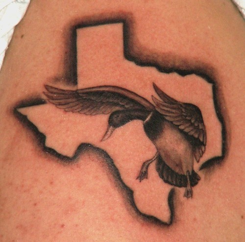 Texas Map And Duck Grey Ink Tattoo