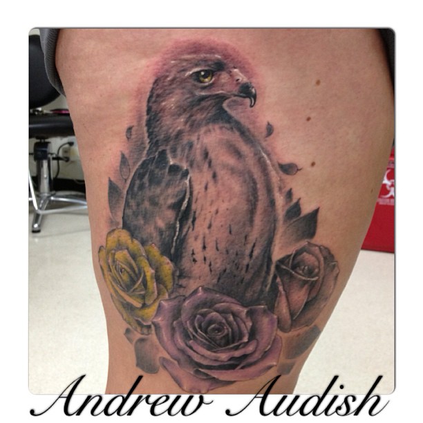 Yellow Rose and Grey Ink Rose and Hawk Tattoo
