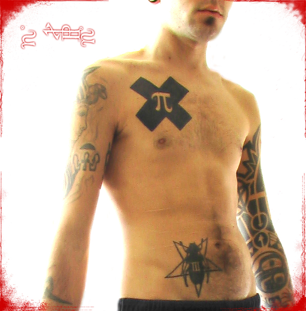Black Ink Cross And Pi Tattoo On Man Chest