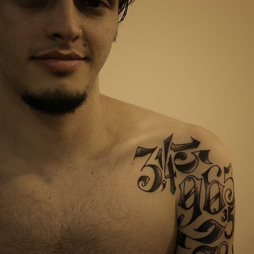 Grey Ink Left Shoulder Pi Tattoo For Men