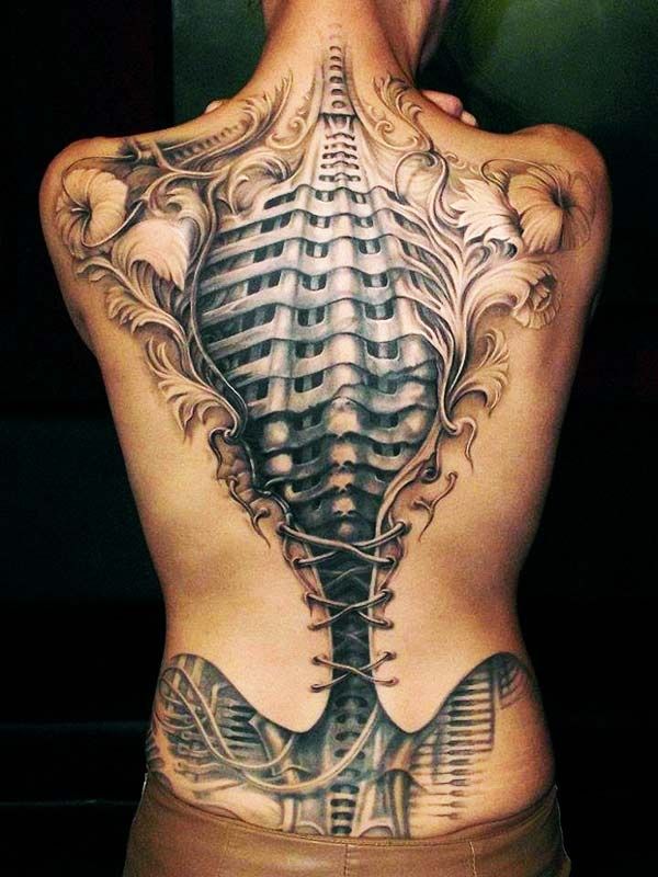 Optical Illusion Grey Ink Back Skeleton Tattoo
