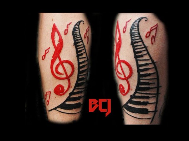 Red Violen Key And Piano Keys Tattoo