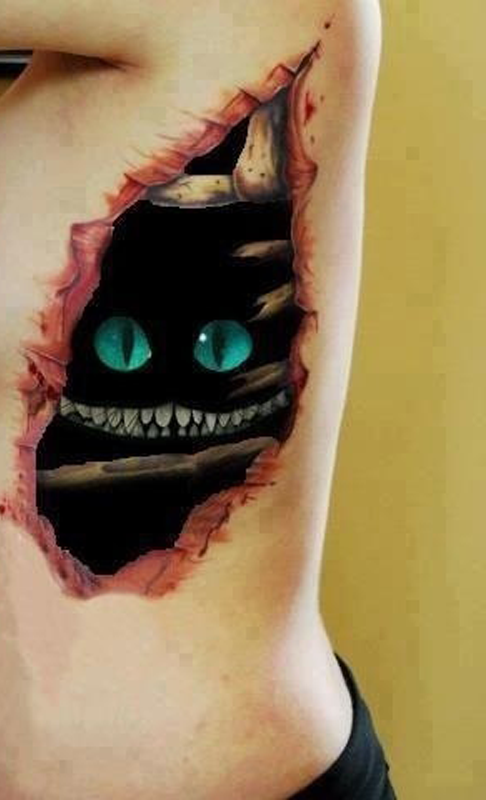 Side Rib Black Ink Cat Optical Illusion Tattoo