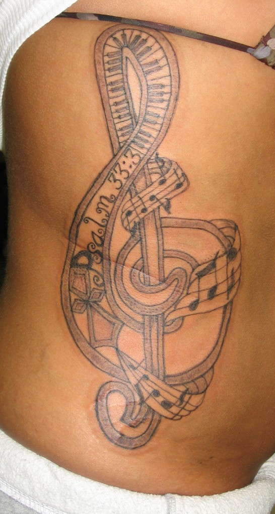 Violen Key And Piano Music Notes And Keys Tattoo On Side Rib