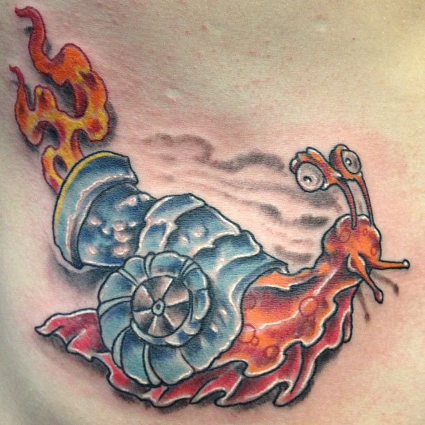 Flaming Snail Color Ink Tattoo Image