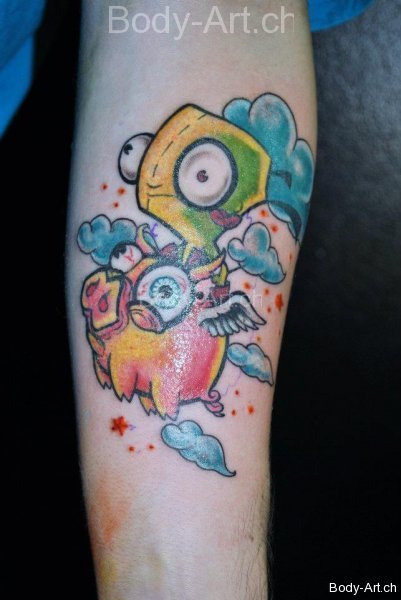 Winged Pig Colored Ink Tattoo On Arm