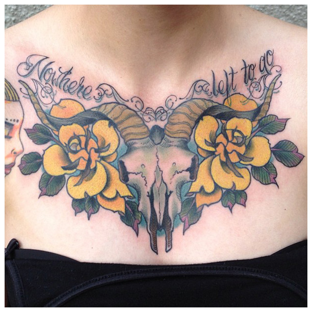 Yellow Rose And Goat Skull Tattoo On Chest