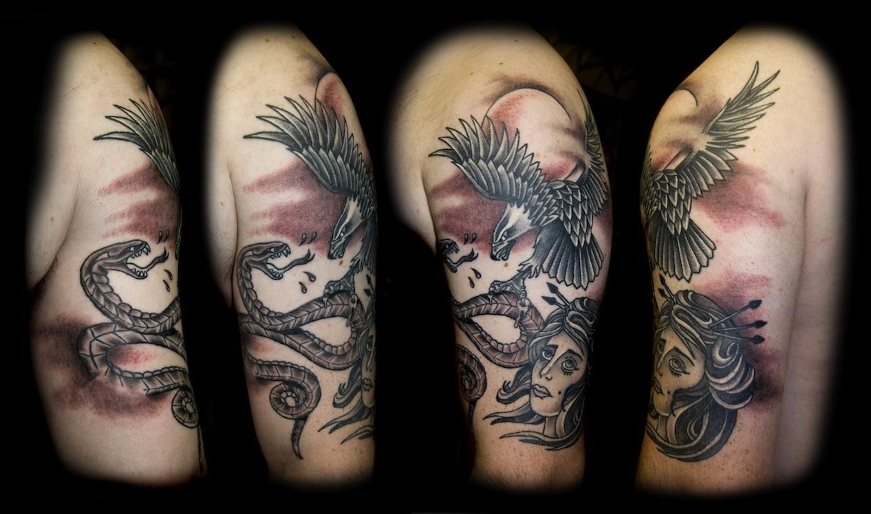 Traditional Snake And Eagle Tattoo On Half Sleeve