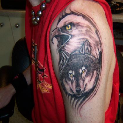Wolf Head And Eagle Tattoo On Left Shoulder