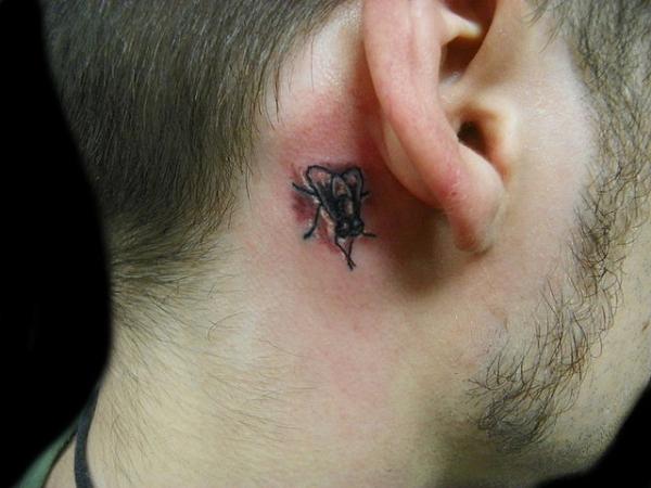 Grey Ink Fly Ear Tattoo Behind Ear