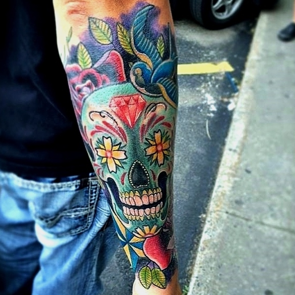 Traditional Sugar Skull, Red Rose And Swallow Tattoo On Sleeve