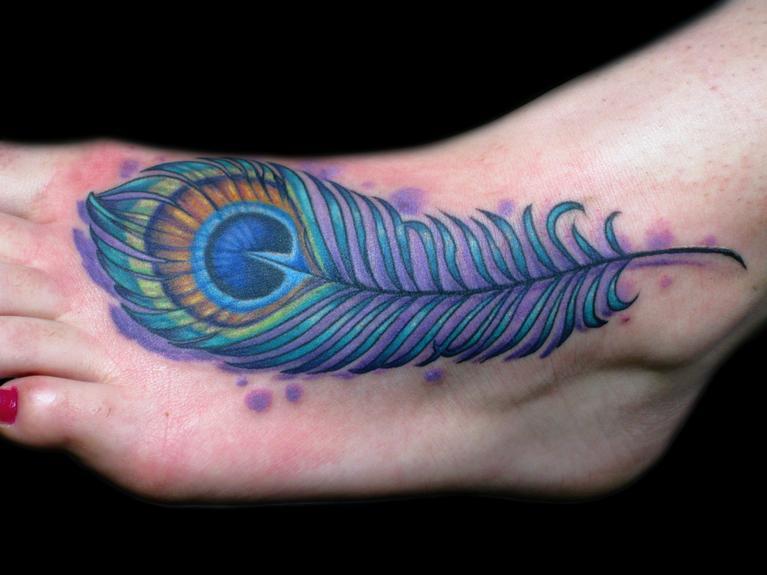 Girl Left Foot Peacock Feather Tattoo