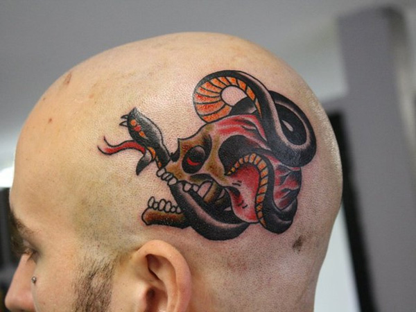 Skull And Snake Fantasy Tattoo On Head
