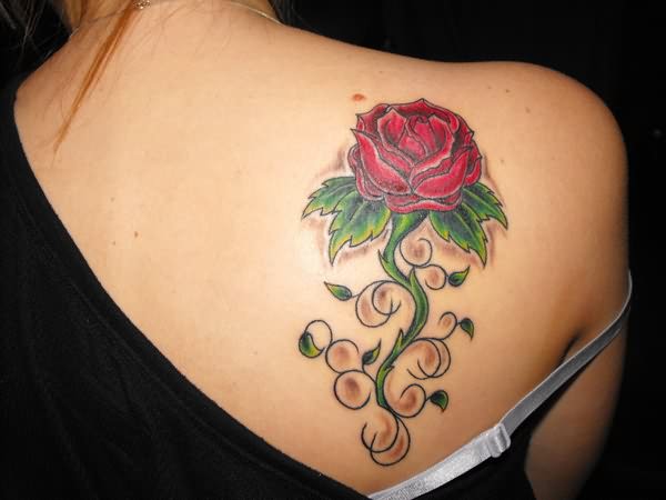 Red Rose Tattoo On Back Shoulder