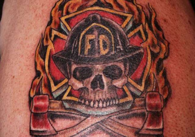 Tribal Fire And Firehighter Skull Tattoo