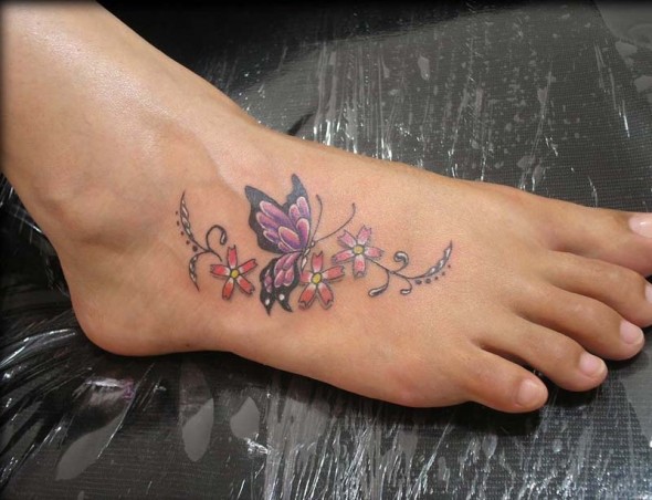 Swirl Butterfly Women Tattoo On Right Foot