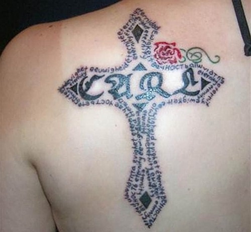 Tribal Red Rose And Cross Women Back Shoulder Tattoo