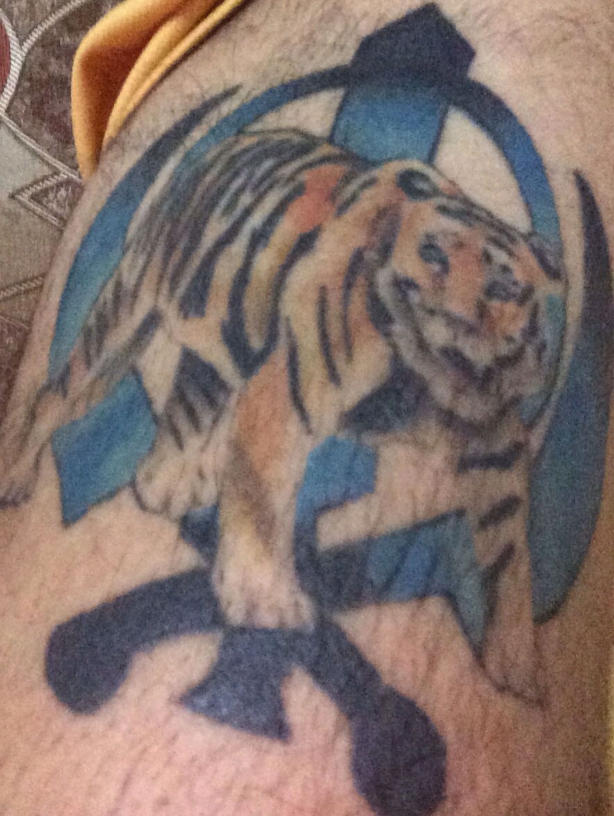 Blue Khanda And Color Tiger Tattoo