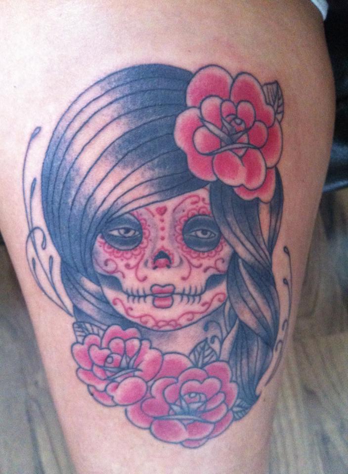 Dia De Los Muertos Tattoo On Thigh