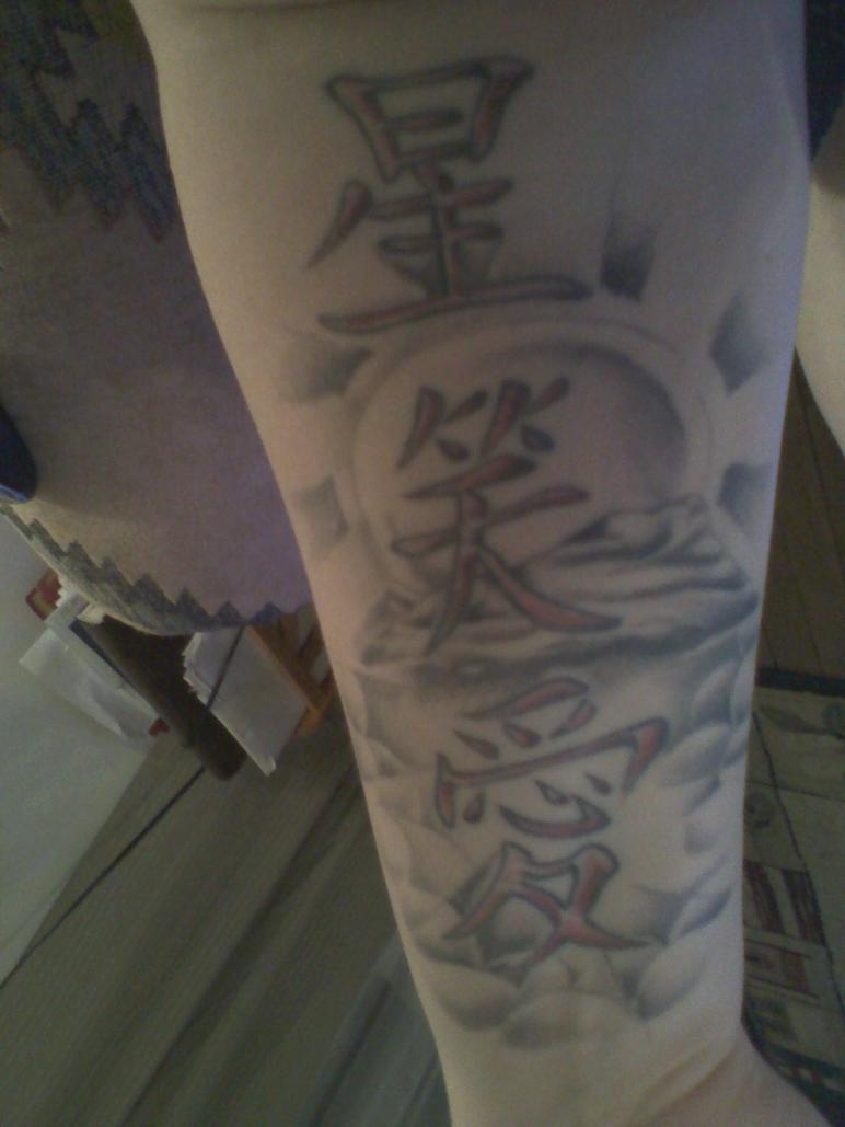 Grey Ink Kanji Symbols Tattoo On Arm