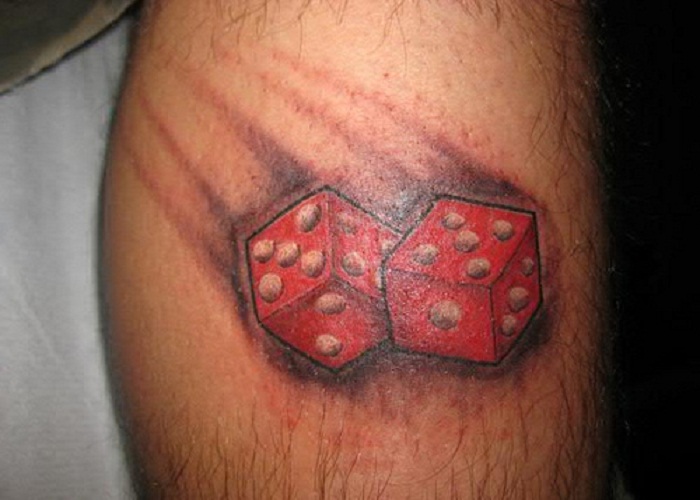 Red Ink Dice Gambling Tattoo On Leg