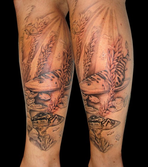 Wonderful Grey Ink Scenery Tattoo On Leg