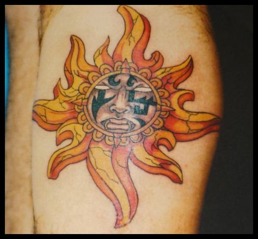 Yellow Ink Sun Scenery Tattoo On Shoulder