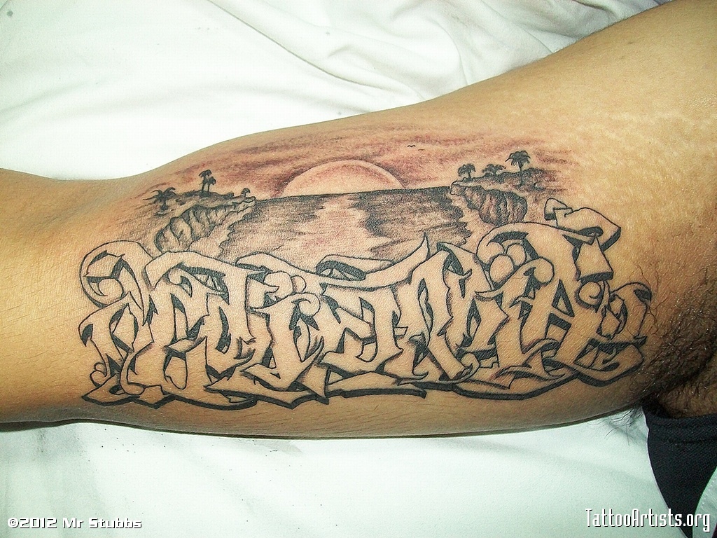 Right Bicep Graffiti Tattoo For Men