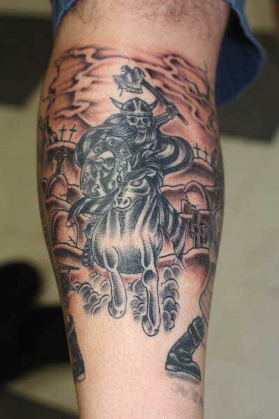 Horse Rider Graveyard Tattoo On Leg