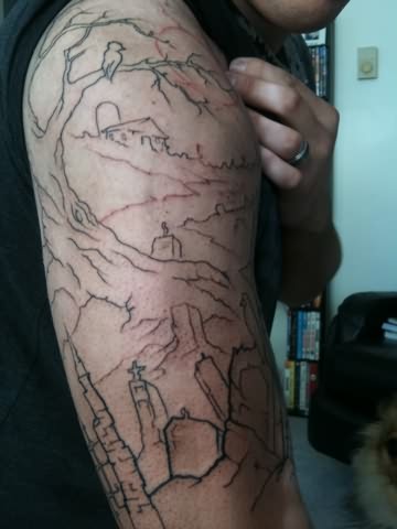 Outline Graveyard Tattoo On Right Half Sleeve