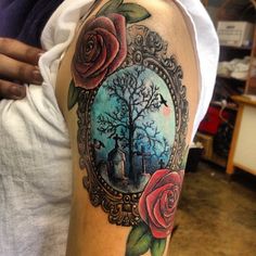 Rose Flowers and Graveyard Tattoo On Left Half Sleeve