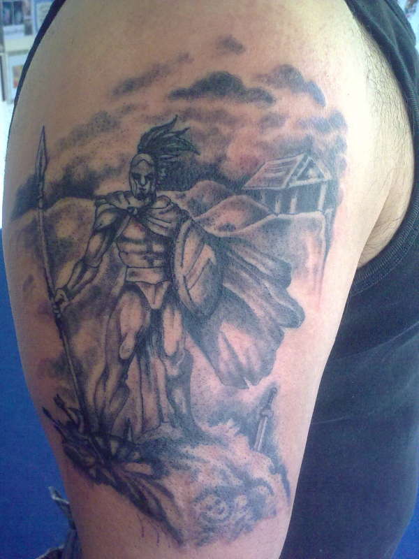 Grey Ink Spartan Greek Tattoo On Right Half Sleeve