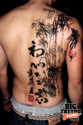 Kanji Symbols And Bamboo Tree Tattoo On Back