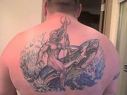 Grey Ink Aqua Tattoo On Upperback