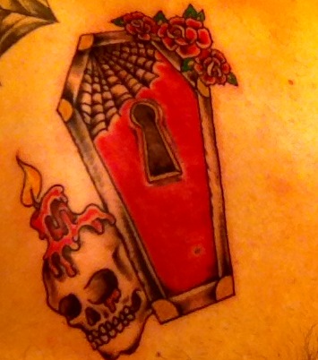 Color Ink Coffin And Candle Head Skull Tattoo by Jerry Thrash