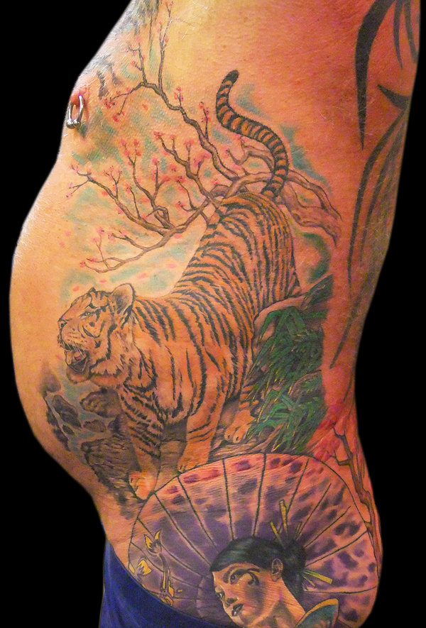 Colored Ink Asian Tiger Tattoo On Side Rib