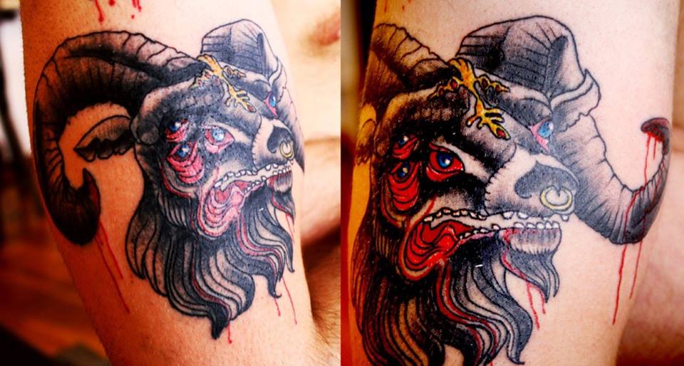 Injured Goat Tattoo On Right Shoulder
