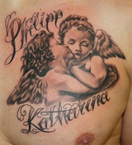 Grey Ink Baby Angel Chest Tattoos On Chest
