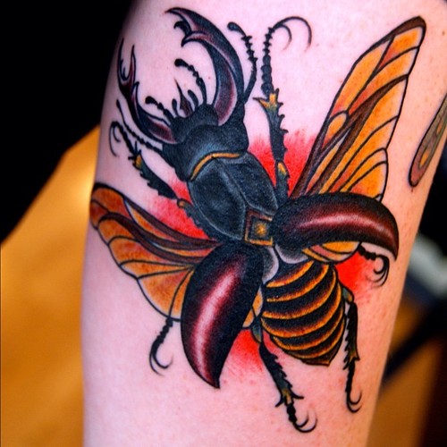 Colored Beetle Tattoo On Inner Bicep