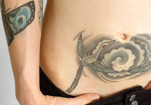 Grey Ink flying Crane Tattoo On Hip