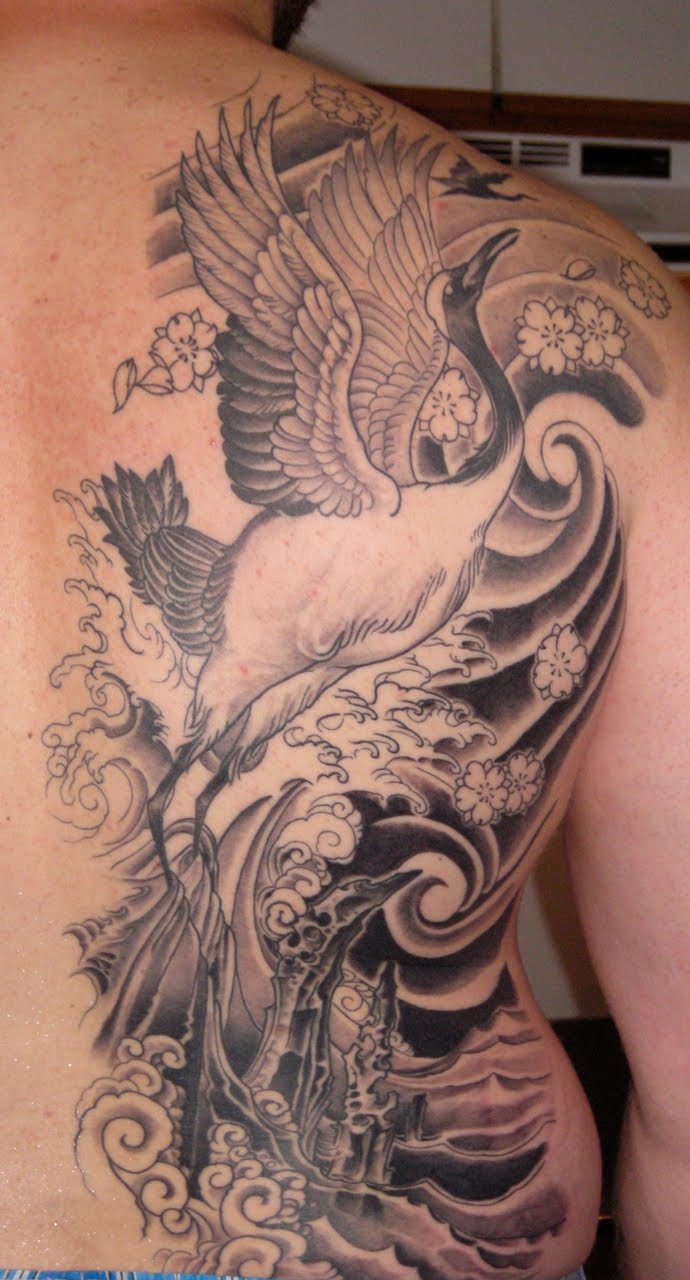 Right Back Shoulder Crane Tattoo
