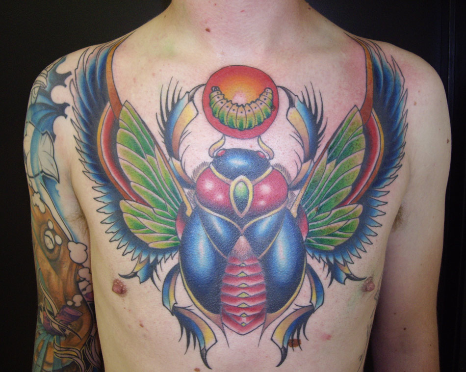 Scarab Colorful Beetle Tattoo On Chest