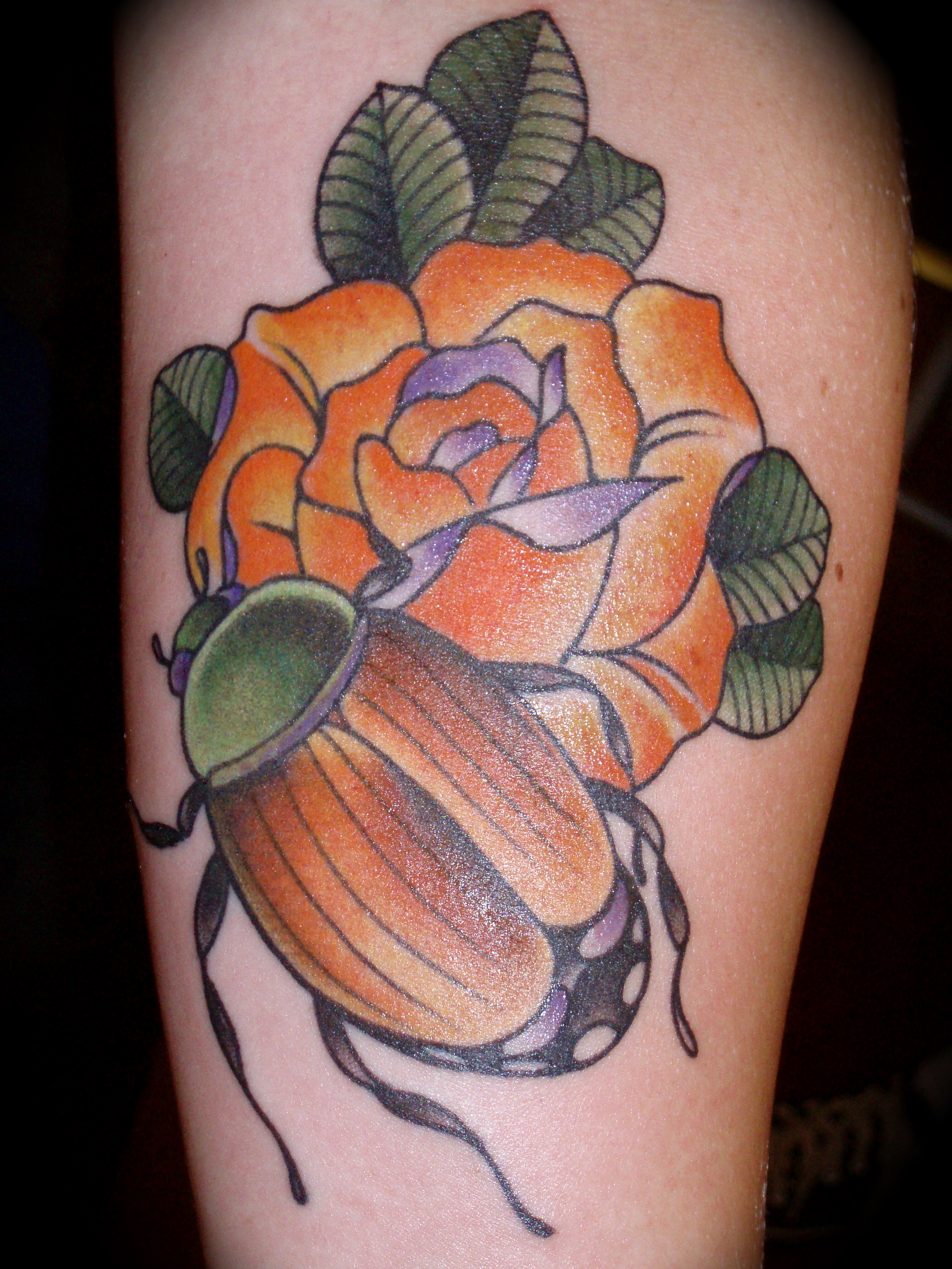 Yellow Rose And Beetle Tattoo On Leg