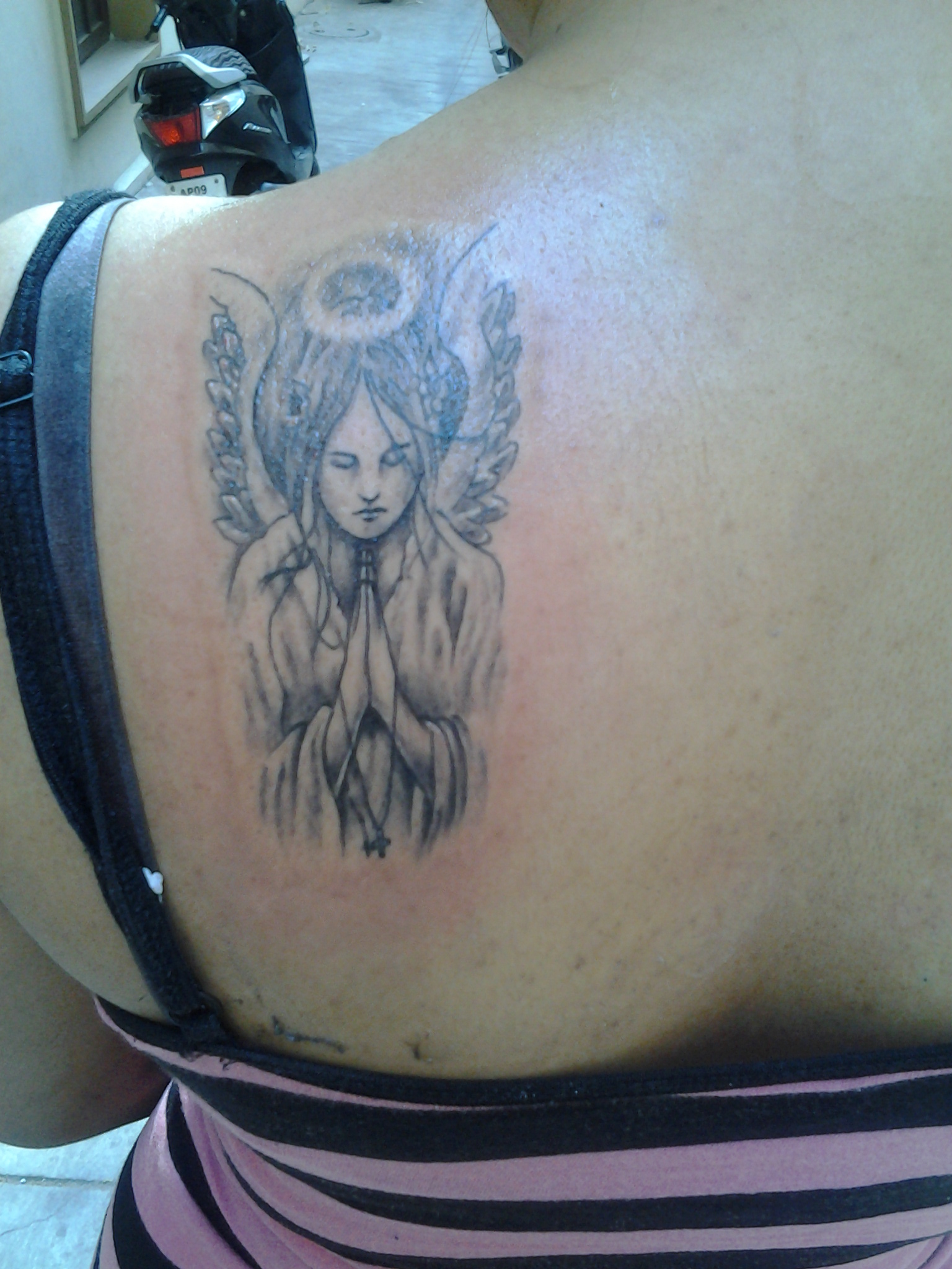 Attractive Left Back Shoulder Praying Angel Tattoo