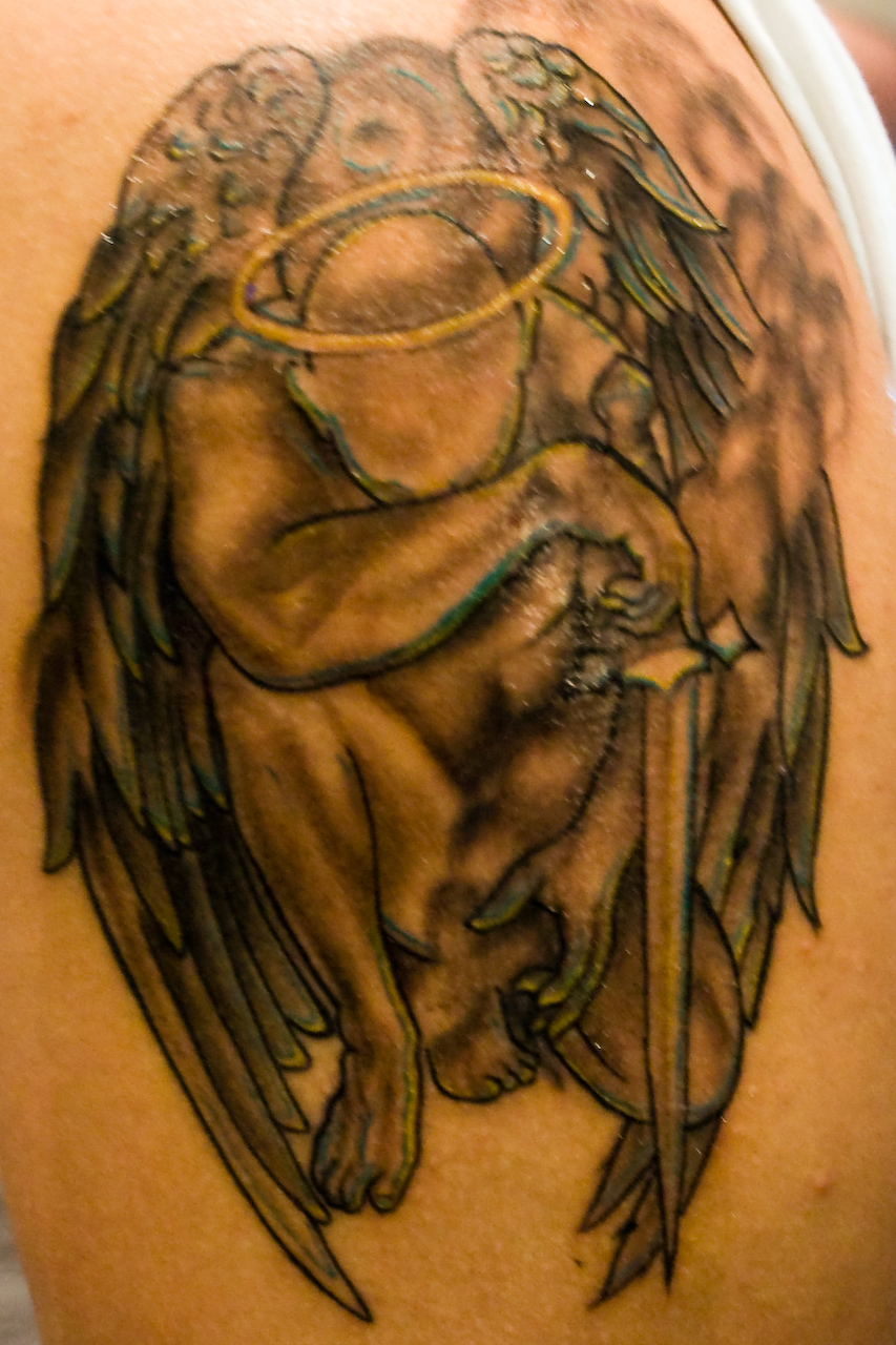 Grey Ink Fallen Angel Tattoo