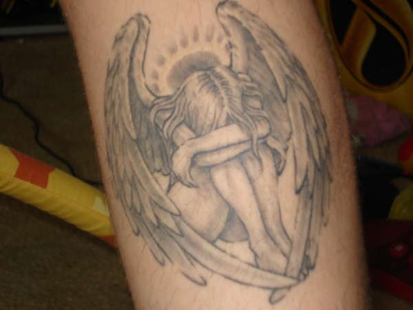 Grey Ink Sad Fallen Angel Tattoo