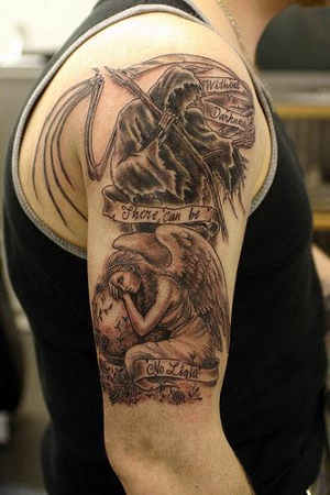 Grim Reaper and Fallen Angel Tattoo On Half Sleeve