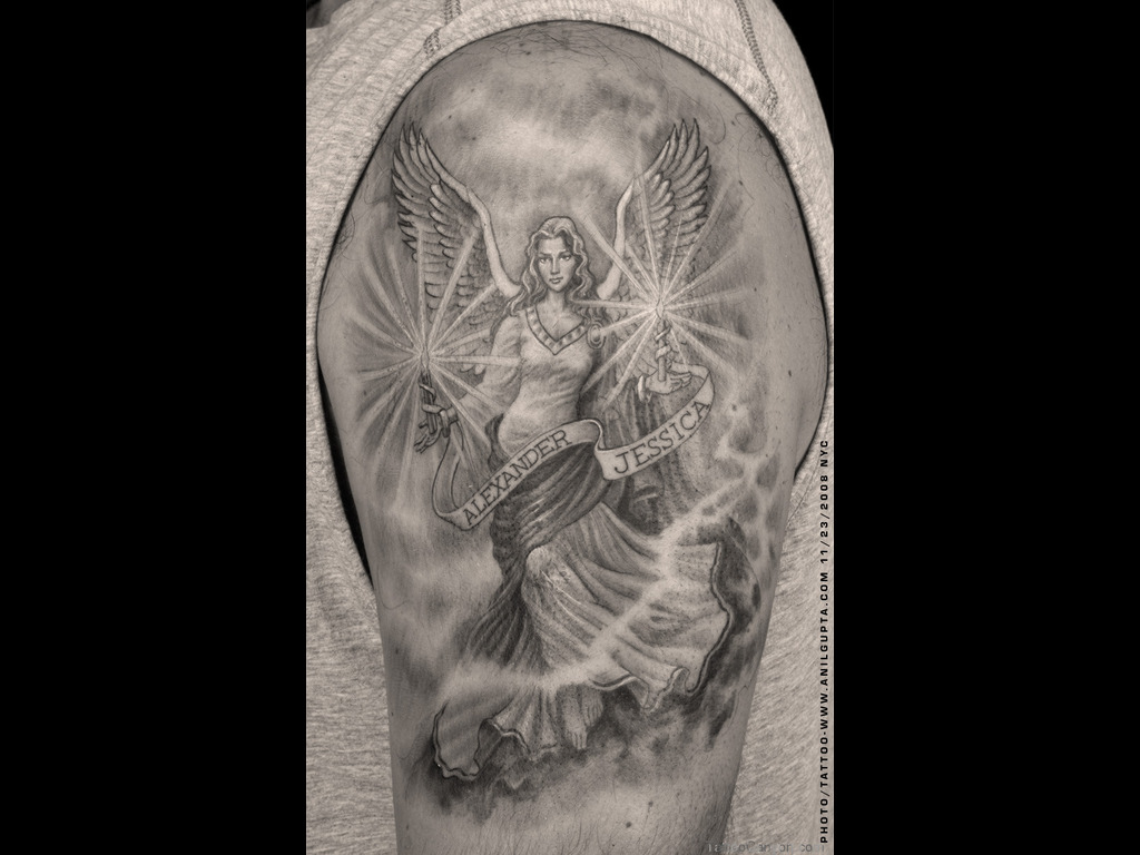 Left Shoulder Fallen Angel Tattoo