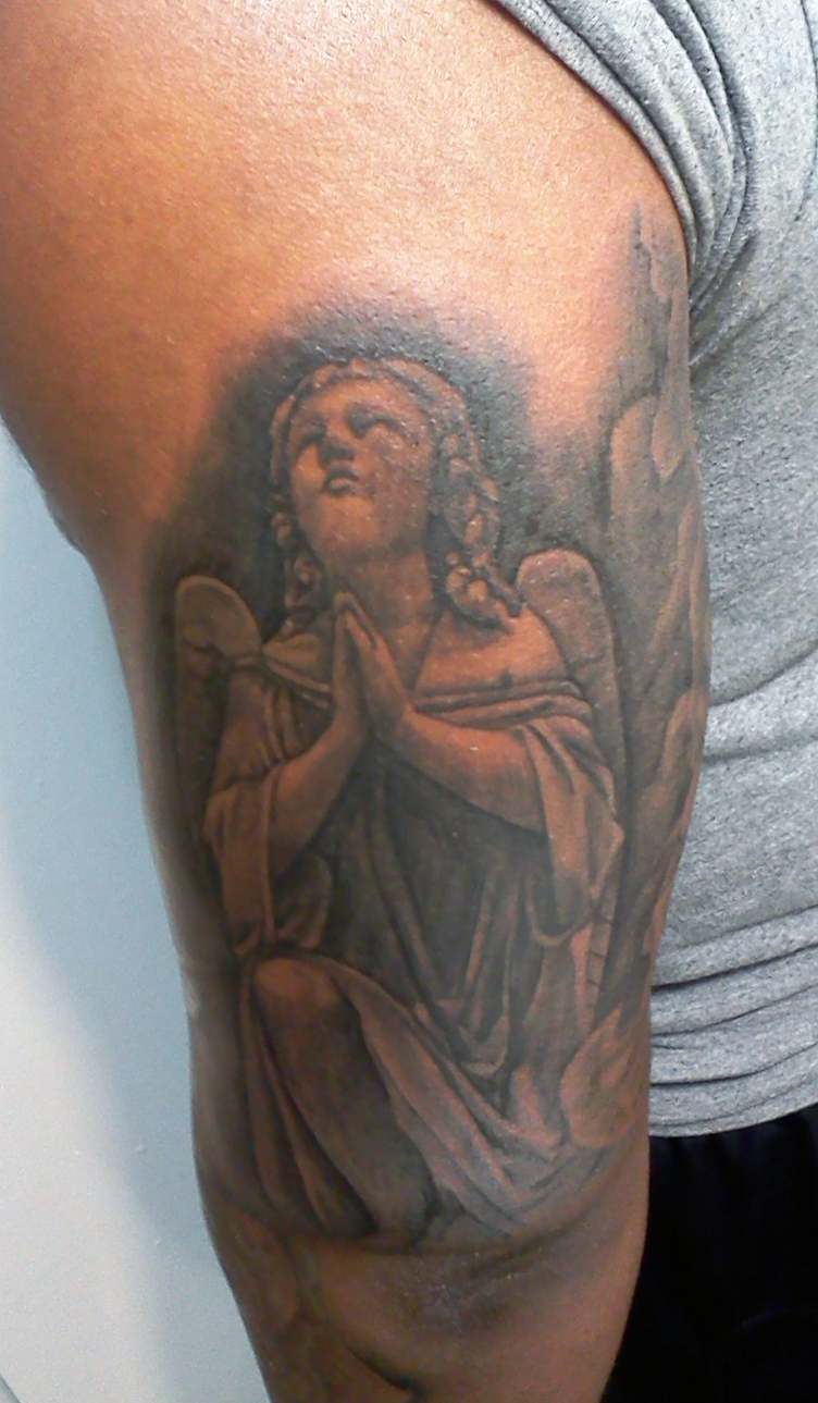 Praying Angel Tattoo On Left Half Sleeve